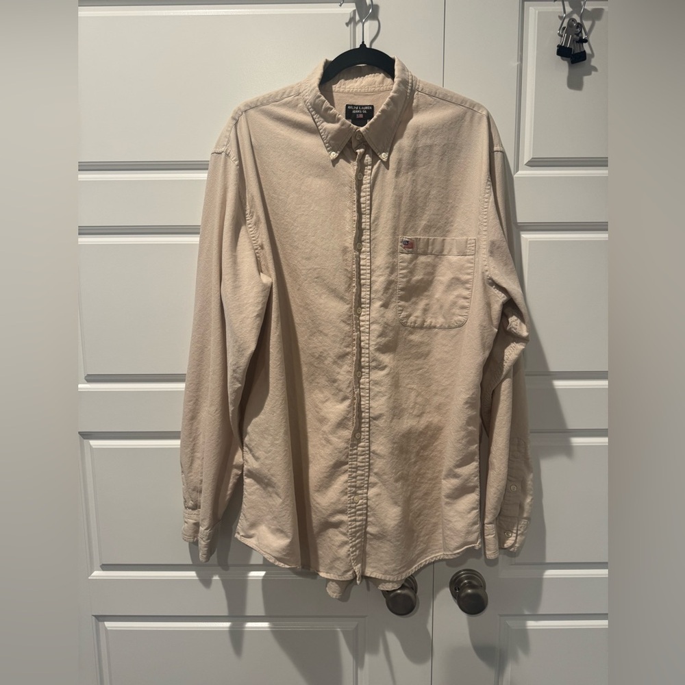 Ralph Lauren Jeans Co Causal RL Flag Detail Button Down Sand Men’s Size X-Large